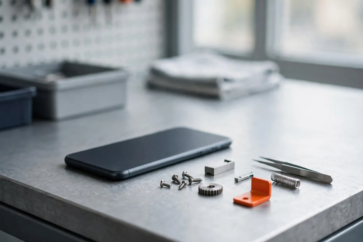 A workbench with a phone and parts