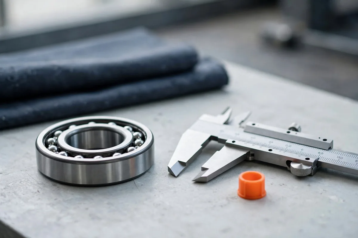 A bearing and a caliper on a bench