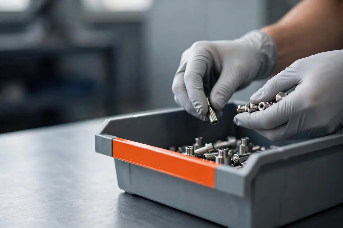 Hands counting parts into a bin