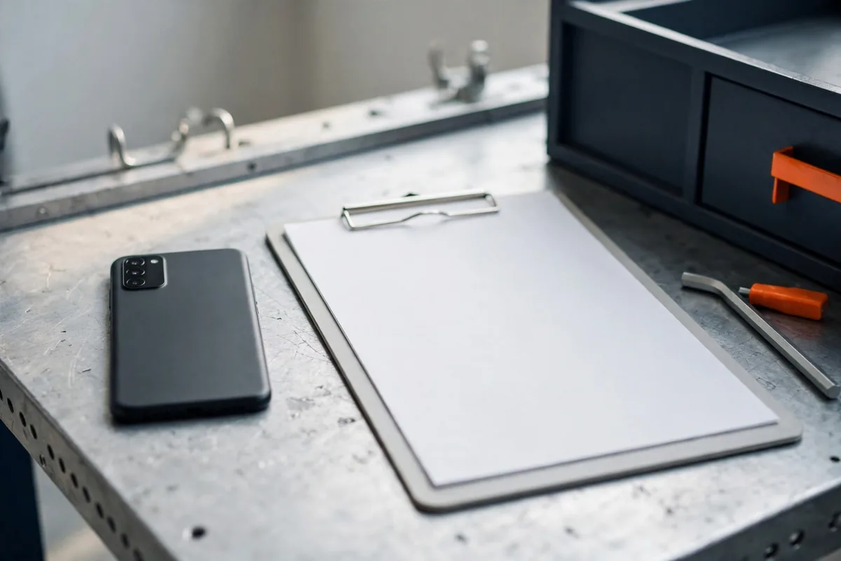A phone and a clipboard on a bench
