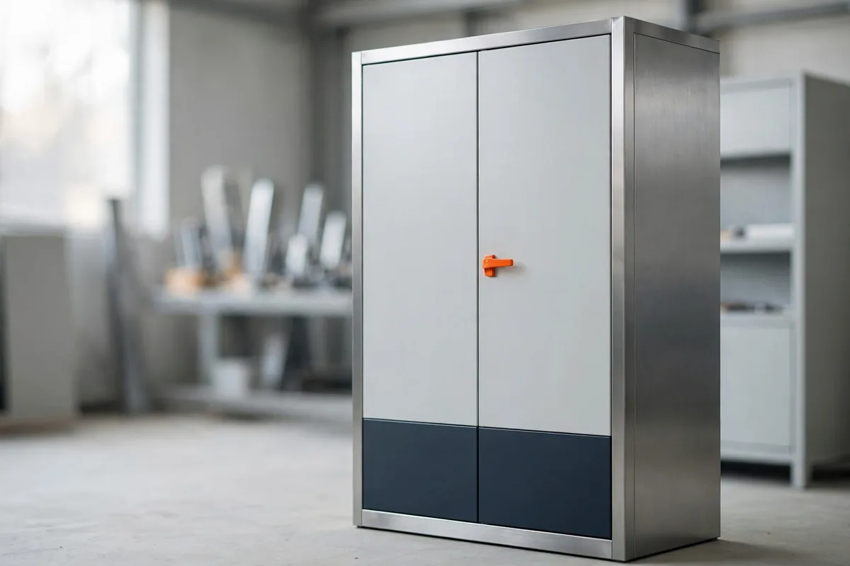 A steel cabinet with closed doors