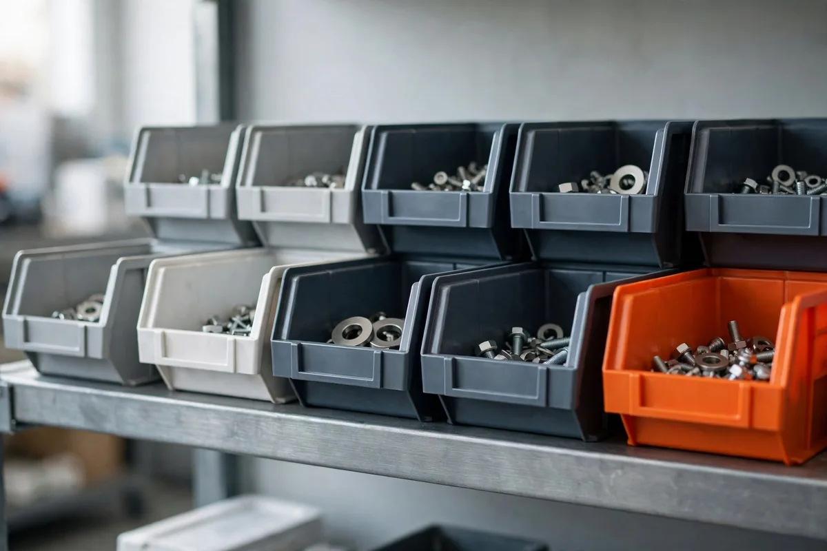 Parts bins on a shelf