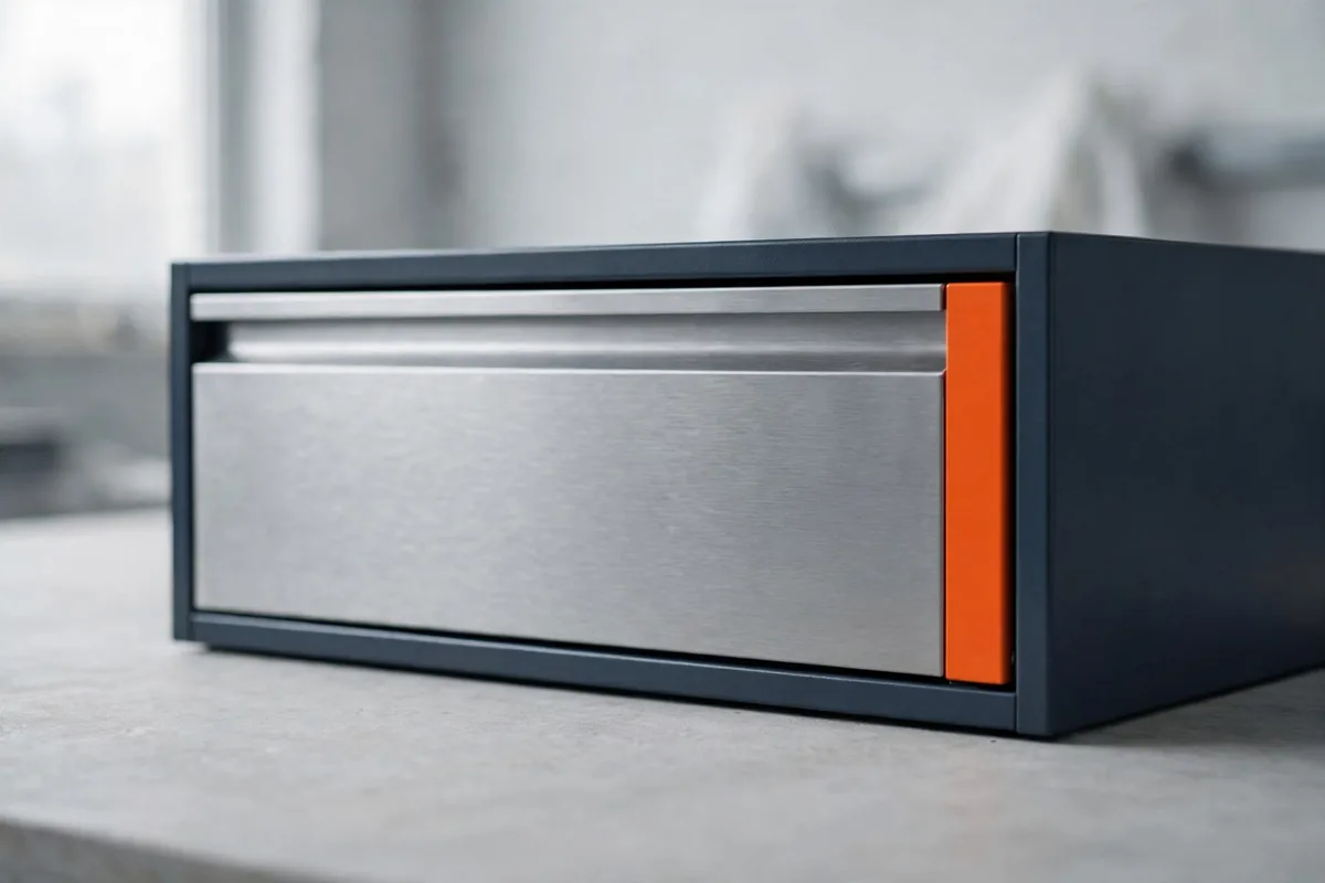 A closed steel drawer