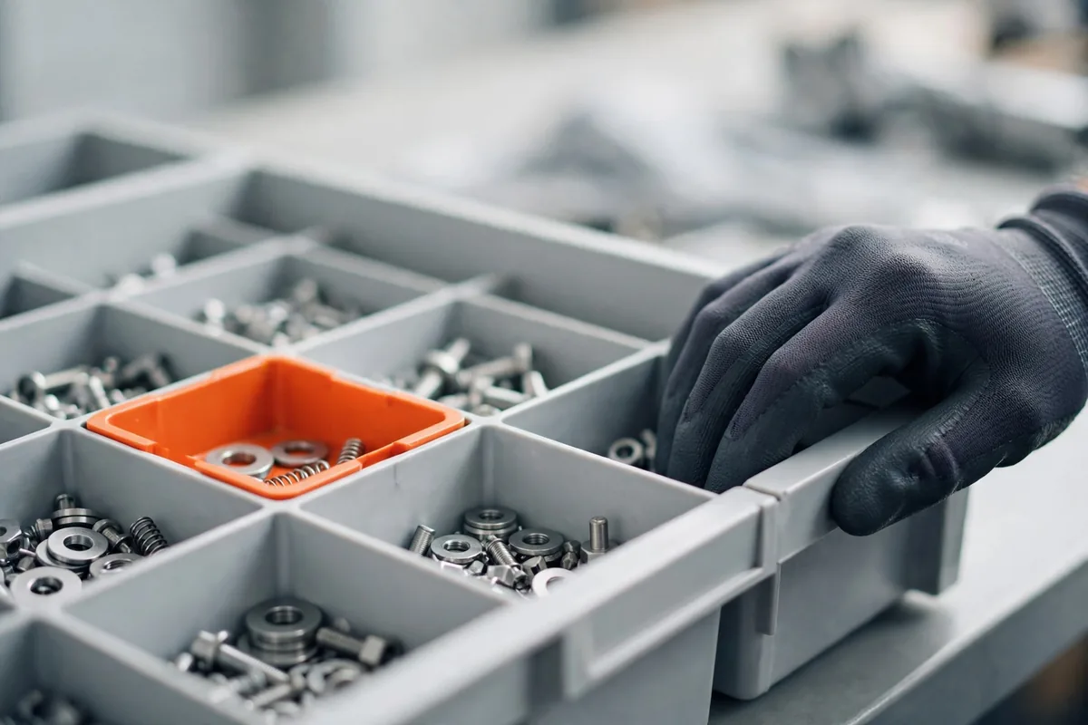 A gloved hand on a parts bin