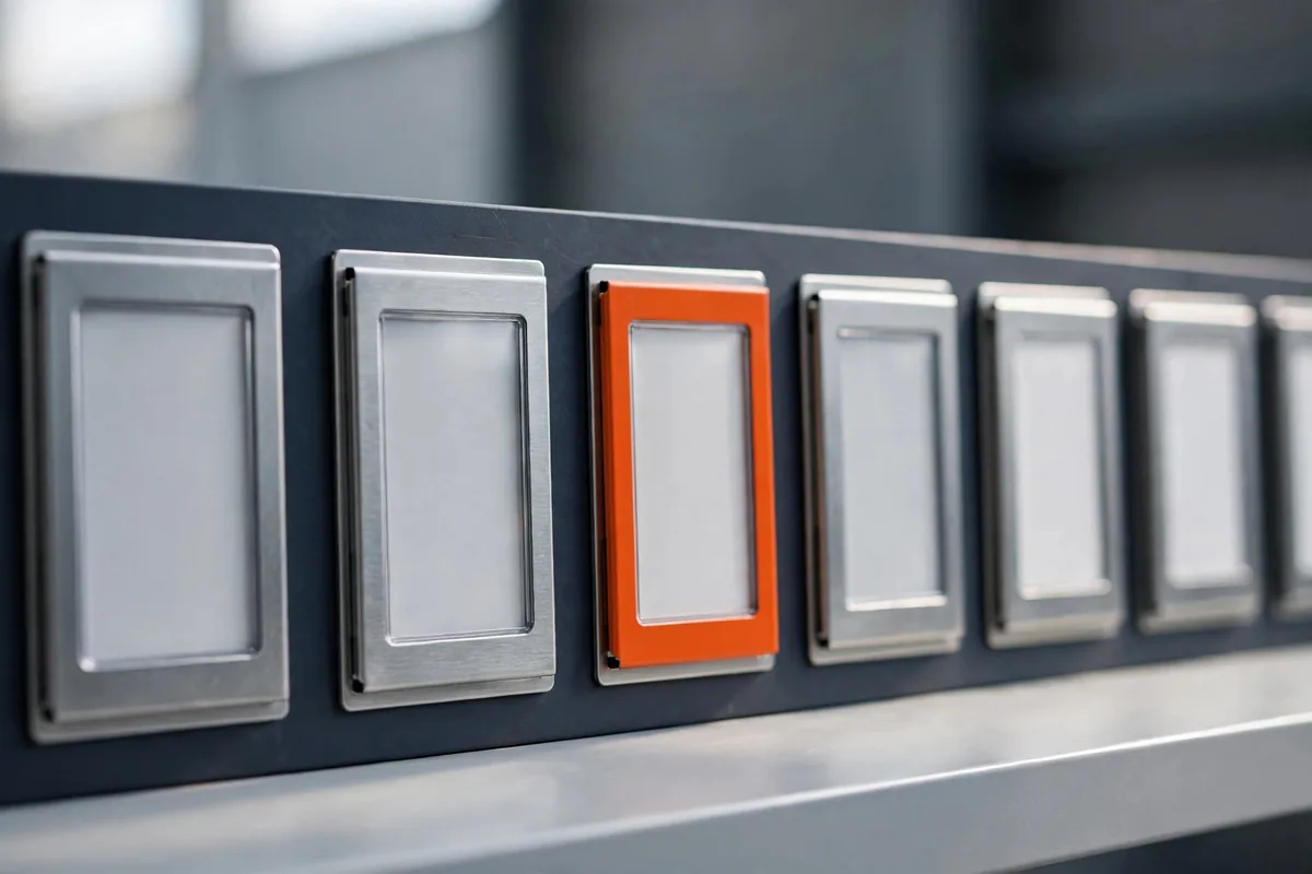 A row of blank label holders