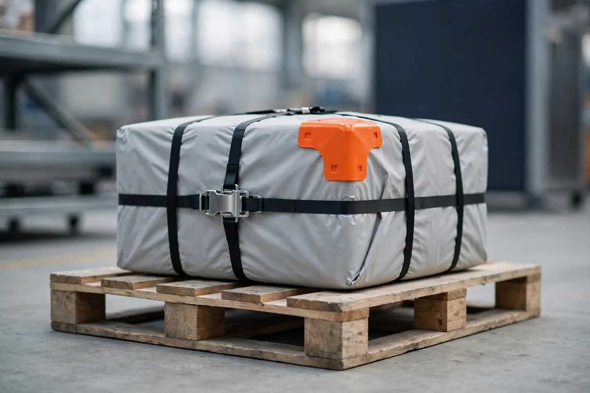 A parcel strapped on a pallet