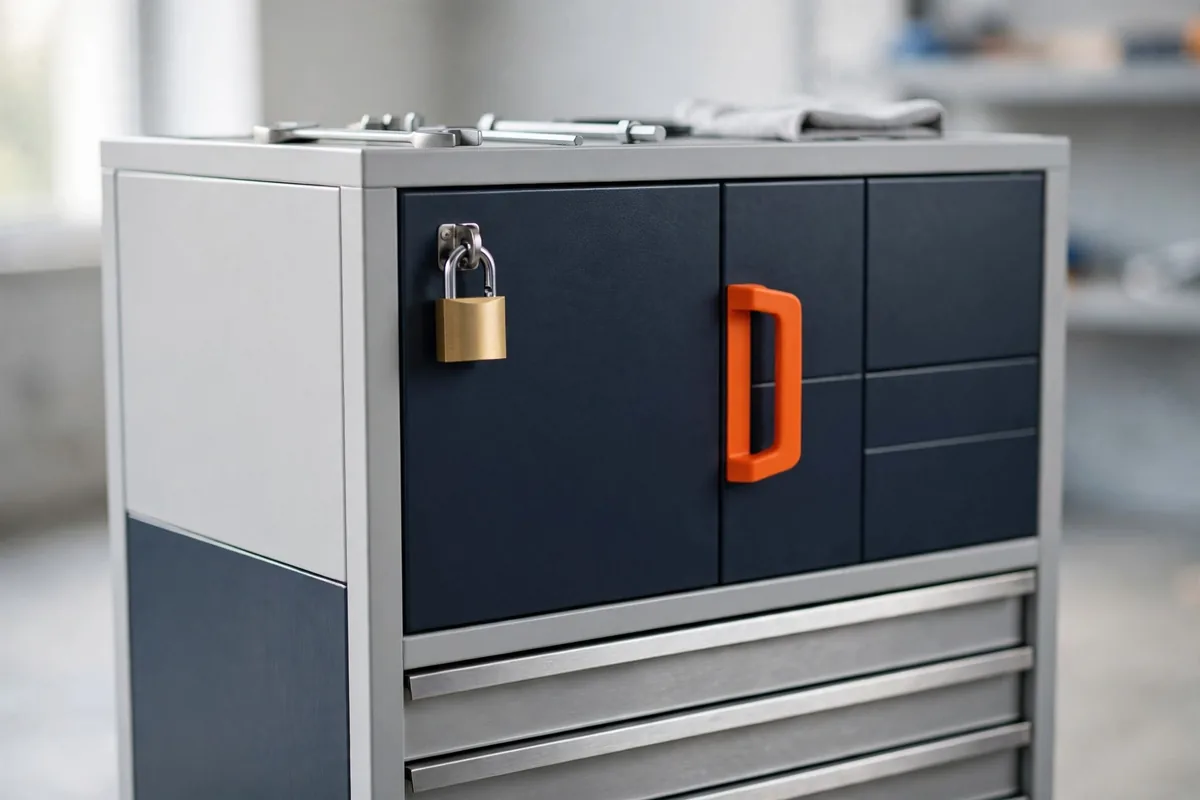 A padlocked tool cabinet